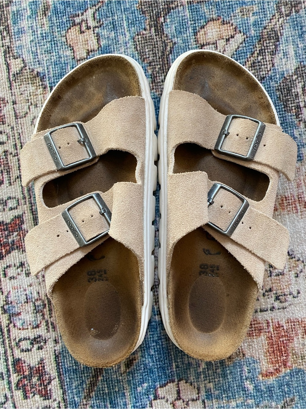Birkenstock Suede Double-Buckle Sandal platform- Beige/Tan